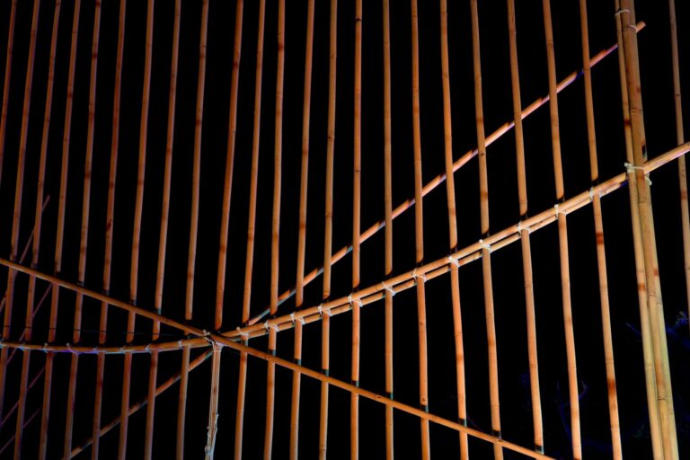 Close-up of bamboo fence with geometric pattern against a night sky.